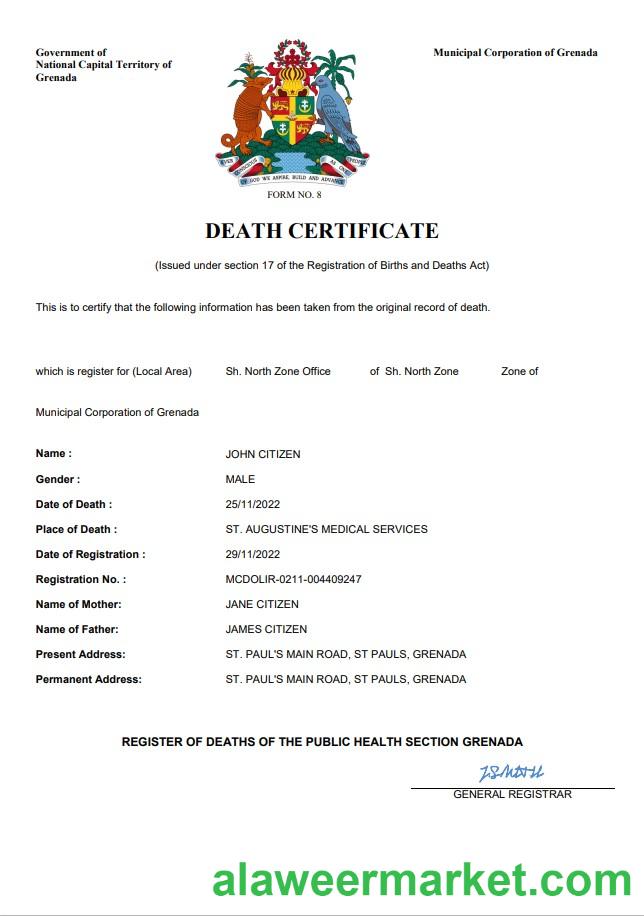 Grenada vital record death certificate Word and PDF template